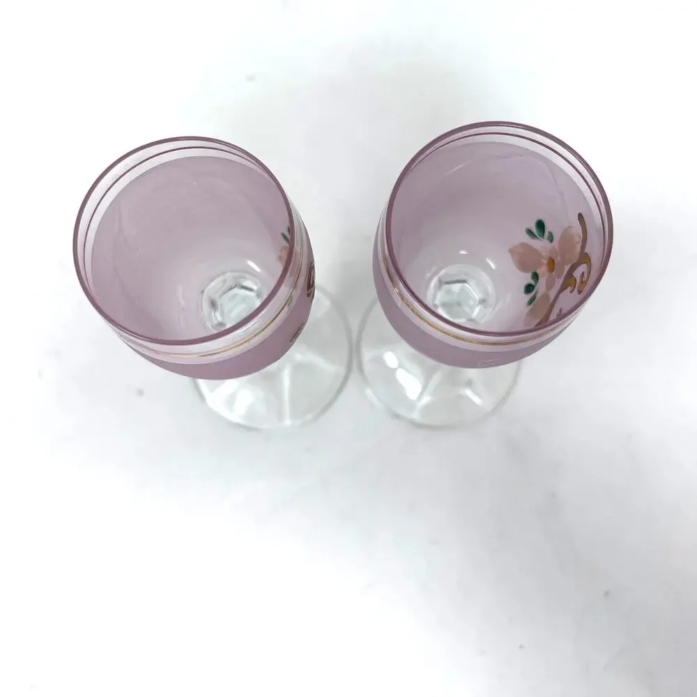 Hand Painted Bohemian Pink Cordial Glasses Set of 2‎ Gold Trim Flower VTG